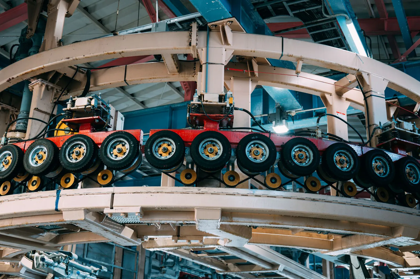 Wheel train guiding a curved conveyor line in a factory