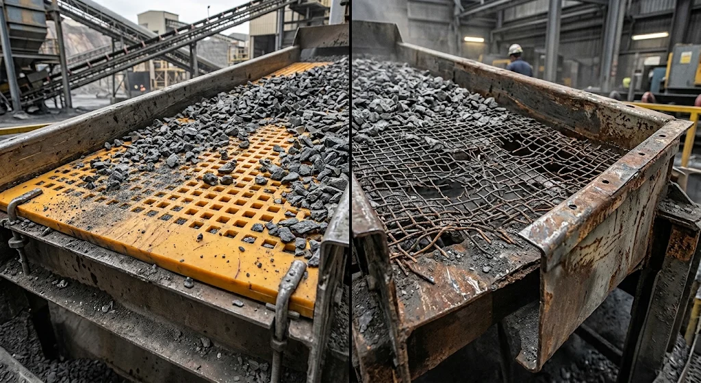 Comparaison côte à côte d’une grille de criblage en polyuréthane jaune et d’une maille d’acier usée