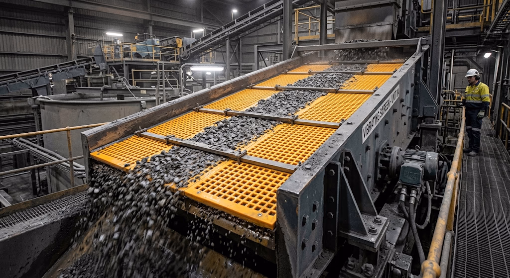 Grilles de criblage en polyuréthane jaunes sur un crible vibrant dans une usine minière
