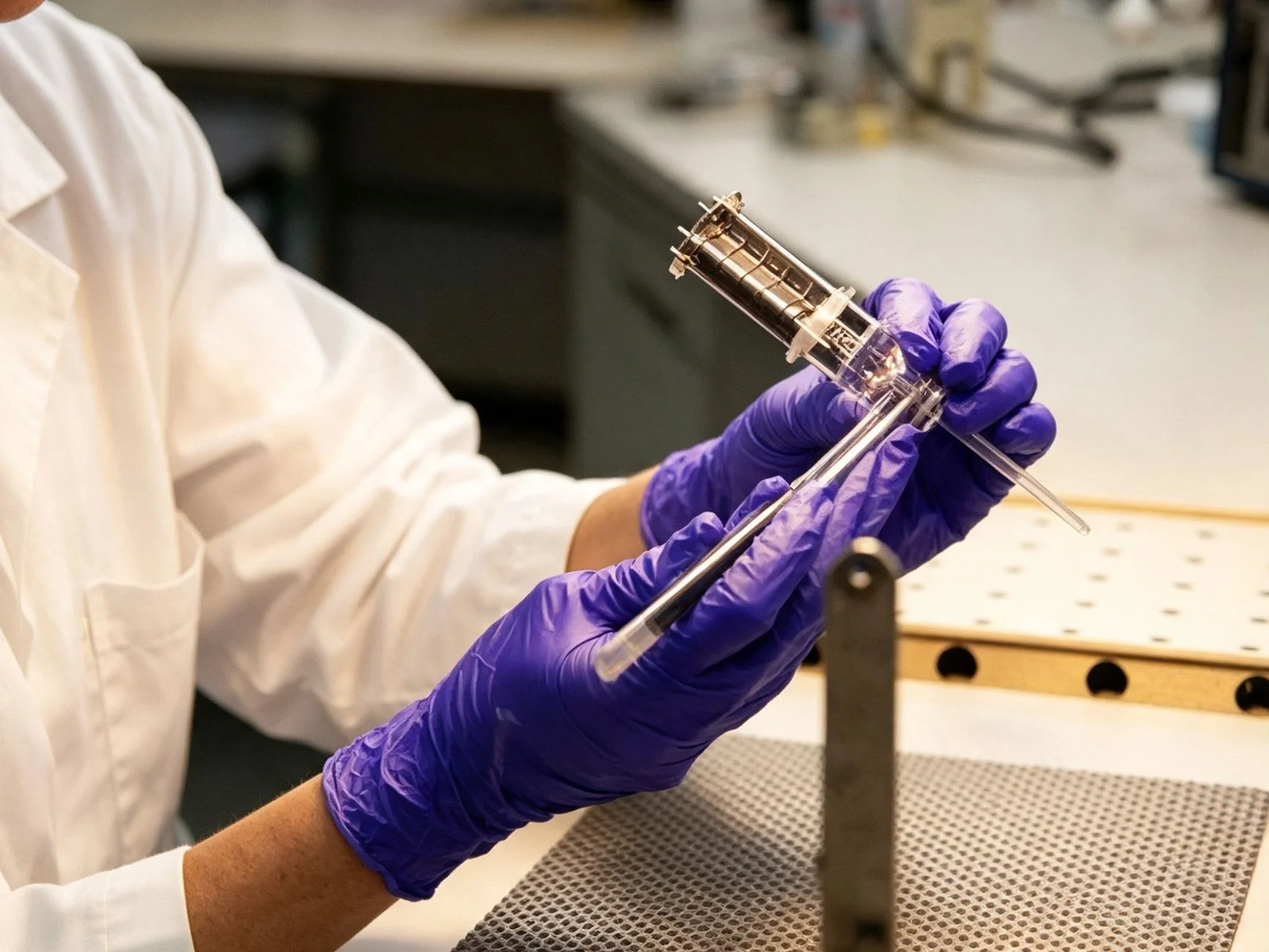 Technicien de laboratoire manipulant un échantillon dans un instrument d’essai de matériaux