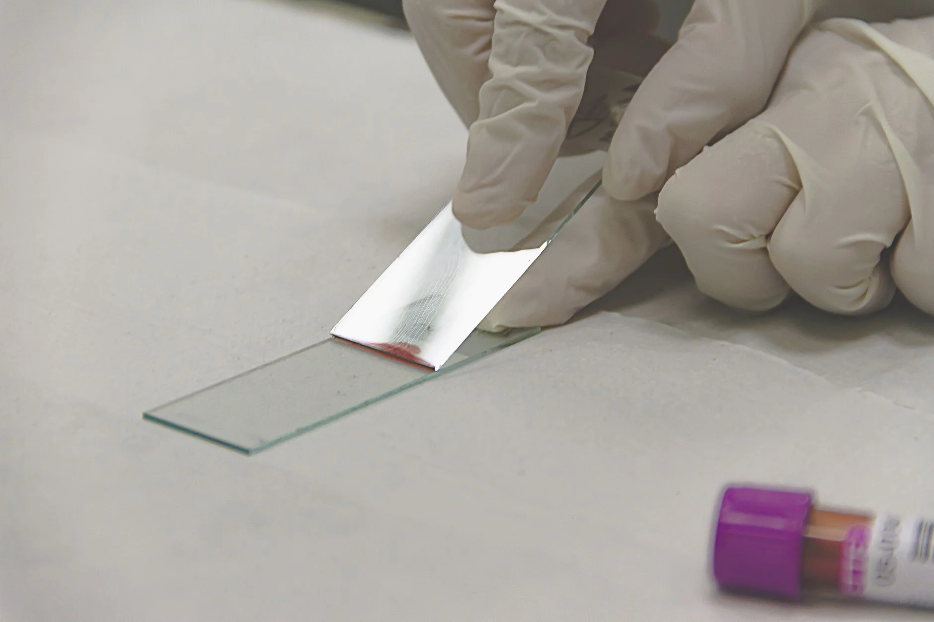 Technicienne de laboratoire examinant un échantillon de matériau polymère sur une lame