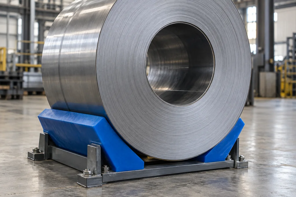 Steel coil resting on blue polyurethane saddles mounted on a welded steel storage frame in a plant