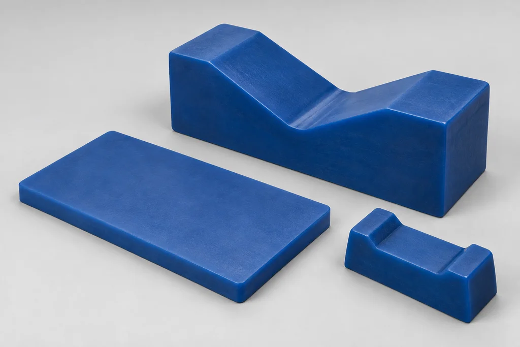 Three blue polyurethane coil storage components: a flat pad, a shaped saddle and a small cradle insert