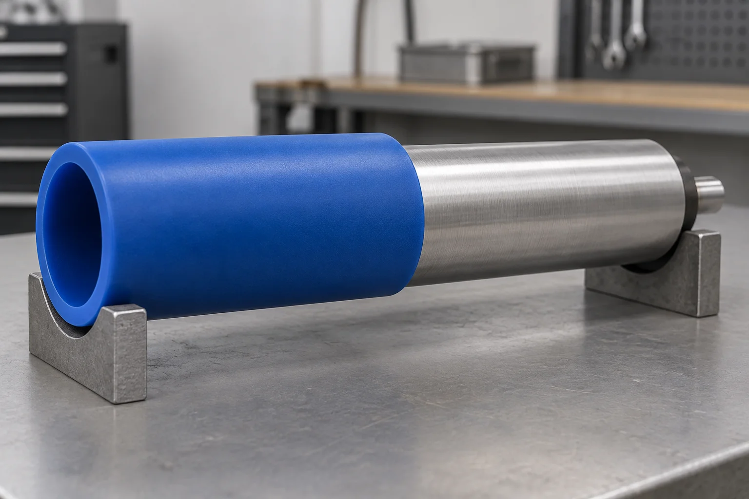 Blue polyurethane sleeve partly slid onto a steel roller, showing the bare roller body and the covered section