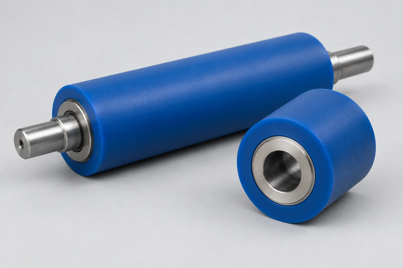 Blue polyurethane conveyor rollers on metal cores